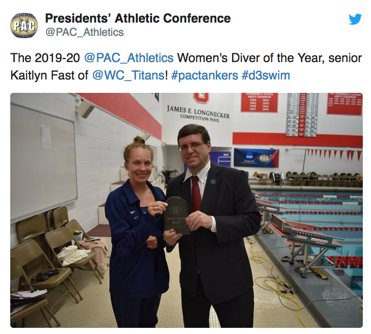 The 2019-20 @PAC_Athletics Women's Diver of the Year, senior Kaitlyn Fast of @WC_Titans! #pactankers #d3swim